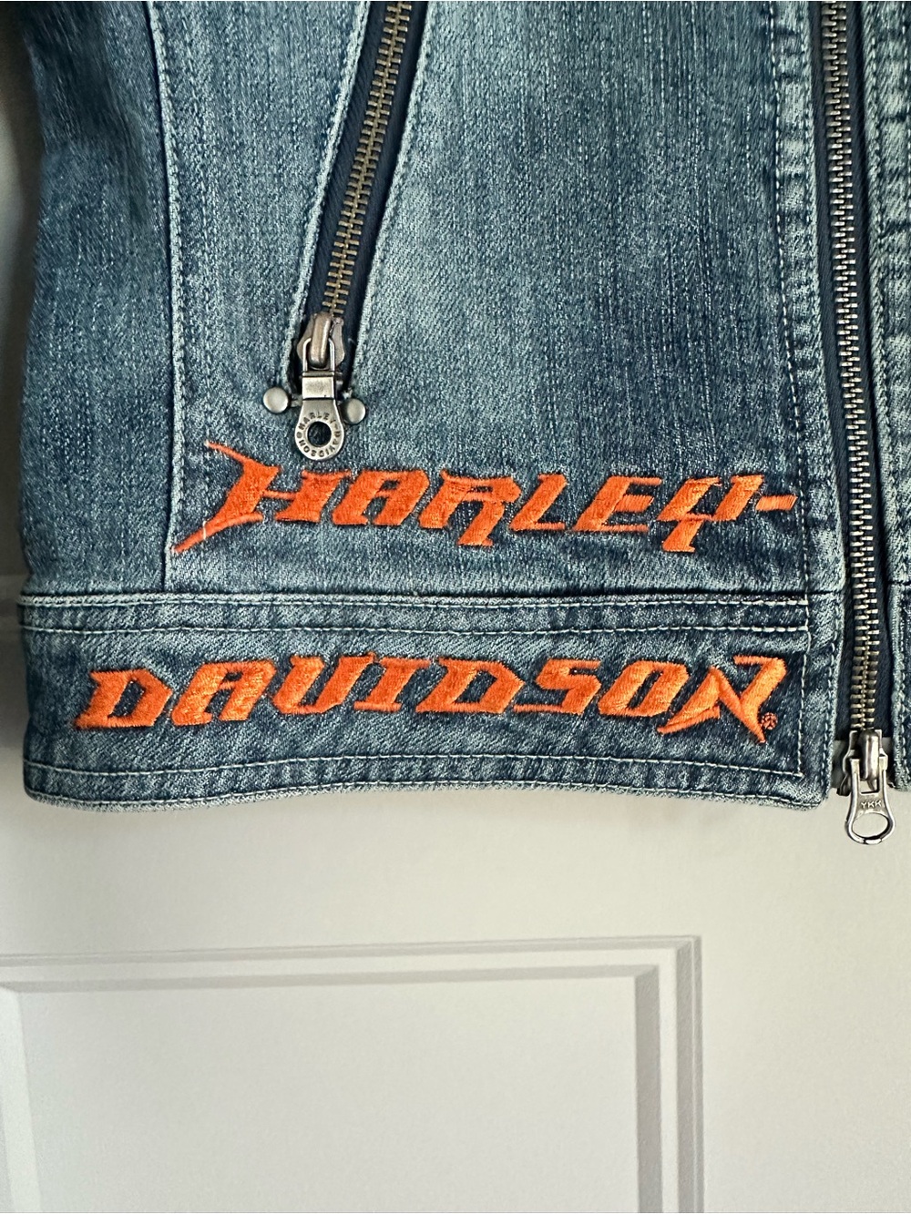 Vintage Women’s Harley Davidson patch Stretch Denim Motorcycle Coat Size XS - Picture 7 of 10